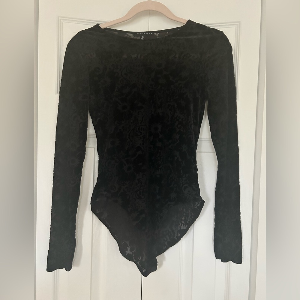 Haute Monde Black Velvet Burnout Long Sleeve Bodysuit